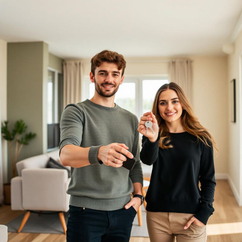 זוג צעיר מחזיק מפתחות לדירה החדשה
